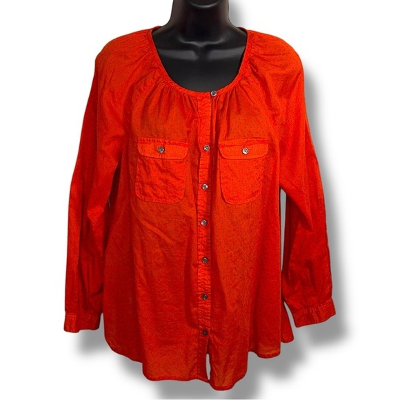 LOFT Tops - Petite Large Ann Taylor Loft Red Orange Blue Dot Print Blouse Peasant Top